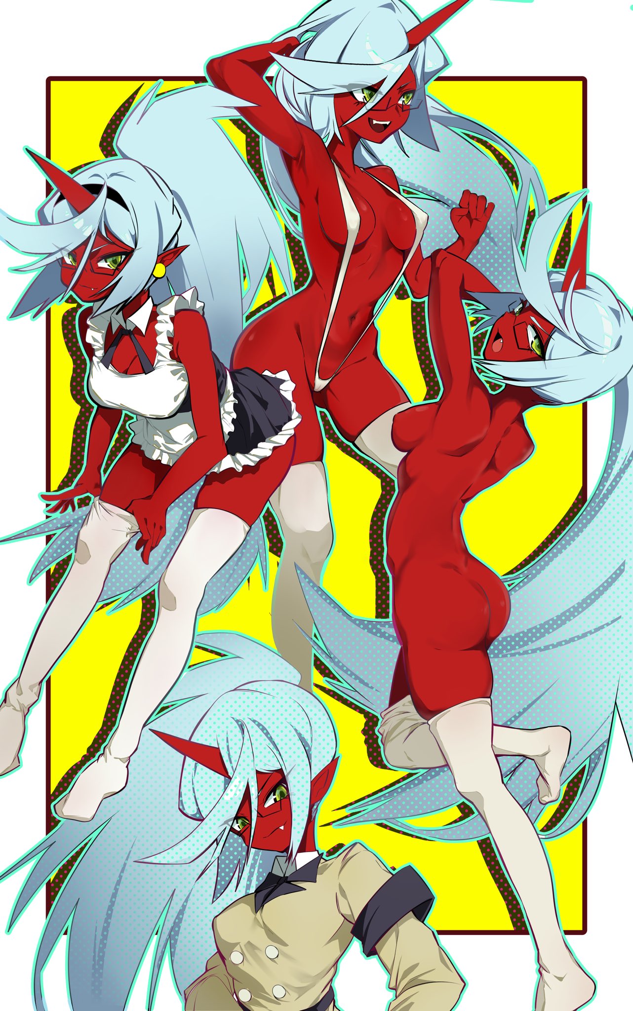 uuunagidon, kneesocks (psg), panty & stocking with garterbelt, highres, tagme, 1girl, ass, colored skin, glasses, horns, red skin