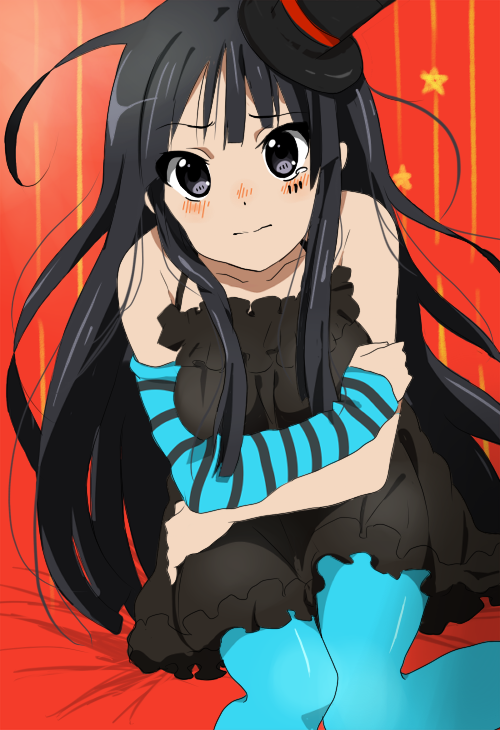 sham fu, shamsha, akiyama mio, don't say "lazy", k-on!, bad id, bad pixiv id, 00s, 1girl, aqua pantyhose, black eyes, black hair, blue pantyhose, blunt bangs, blush, dress, elbow gloves, female focus, fingerless gloves, gloves, hat, hime cut, long hair, mini hat, mini top hat, pantyhose, solo, top hat