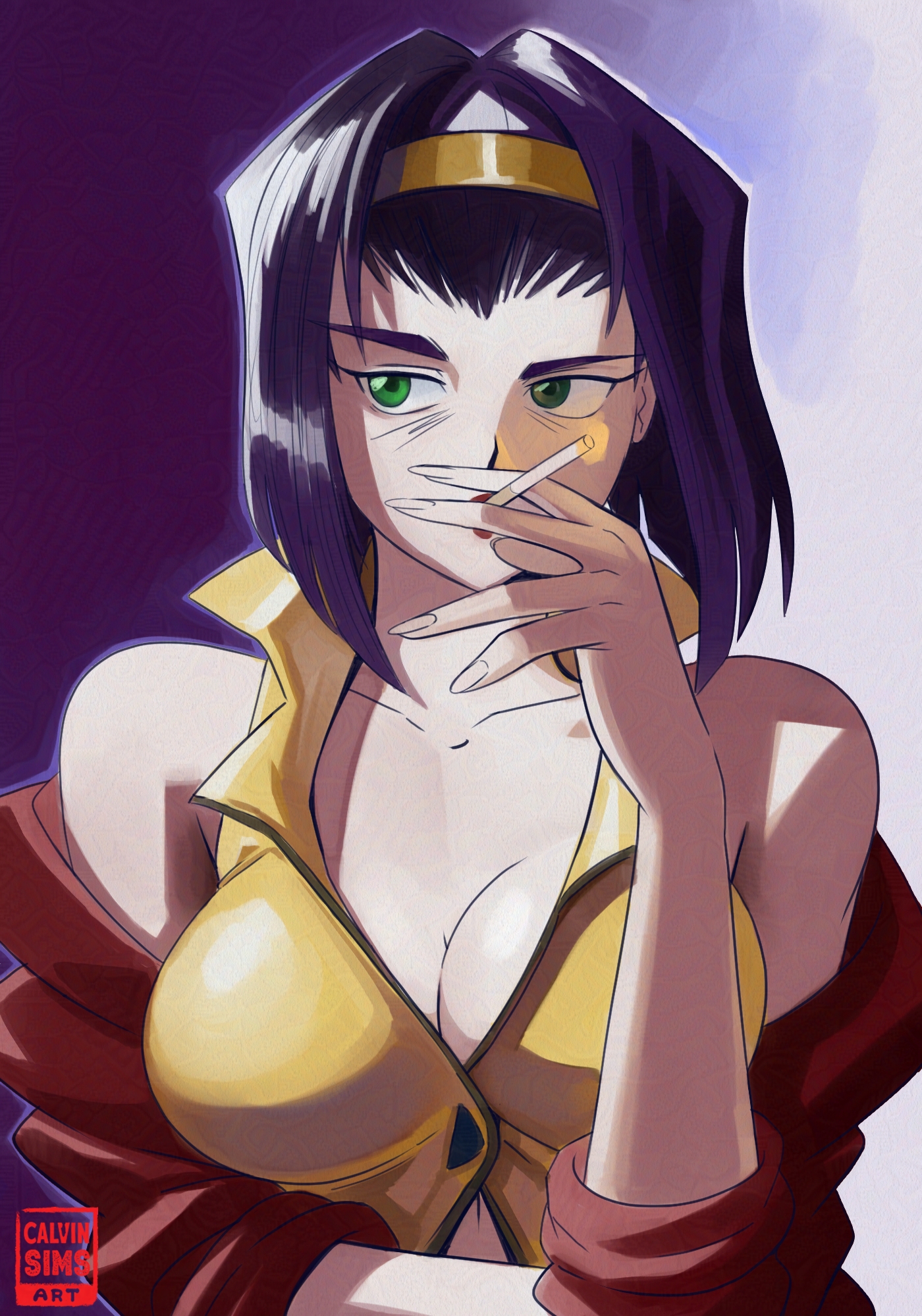 calvin sims, faye valentine, cowboy bebop, highres, 1girl, breasts, cigarette, cleavage, female focus, green eyes, large breasts, lipstick, makeup, purple hair, short hair, solo, upper body