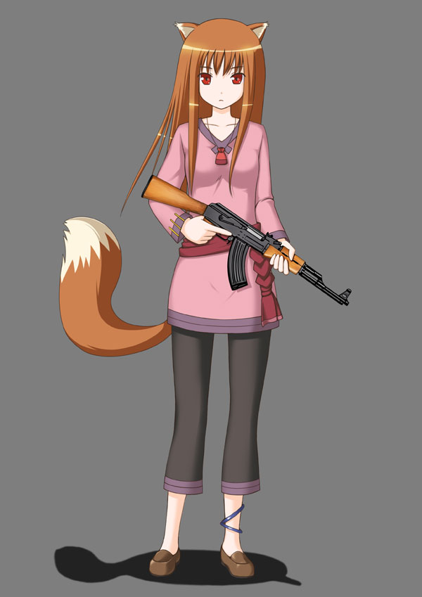 kagurazaka yuu, kaguzaka yuu, holo, spice and wolf, bad id, bad pixiv id, 00s, 1girl, ak-47, animal ears, assault rifle, female focus, grey background, gun, kalashnikov, kalashnikov rifle, red eyes, rifle, simple background, solo, tail, trigger discipline, weapon, wolf ears, wolf tail