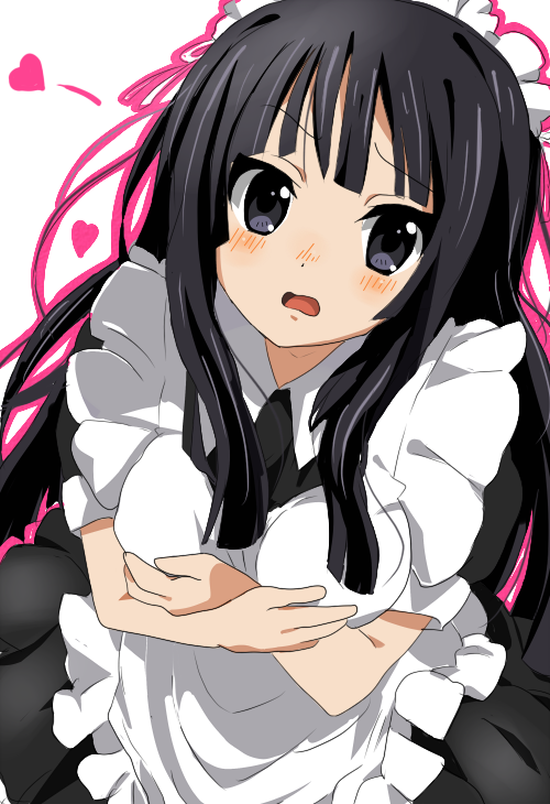 sham fu, shamsha, akiyama mio, k-on!, 00s, 1girl, alternate costume, apron, black eyes, black hair, blunt bangs, blush, enmaided, female focus, headdress, hime cut, long hair, maid, maid apron, solo