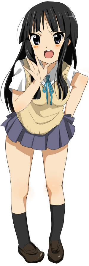 sham fu, shamsha, akiyama mio, k-on!, bad id, bad pixiv id, 00s, 1girl, black hair, blunt bangs, blush, female focus, full body, hime cut, long hair, school uniform, simple background, skirt, solo