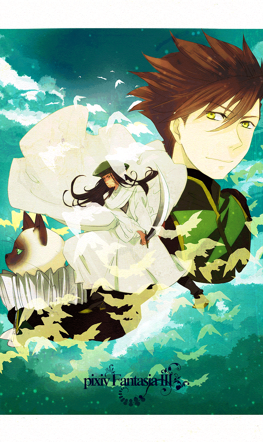 kunimitsu (9nimi2), pixiv fantasia, pixiv fantasia 3, bad id, bad pixiv id, highres, 2boys, bird, cat, male focus, multiple boys, sky, sword, weapon, yellow eyes