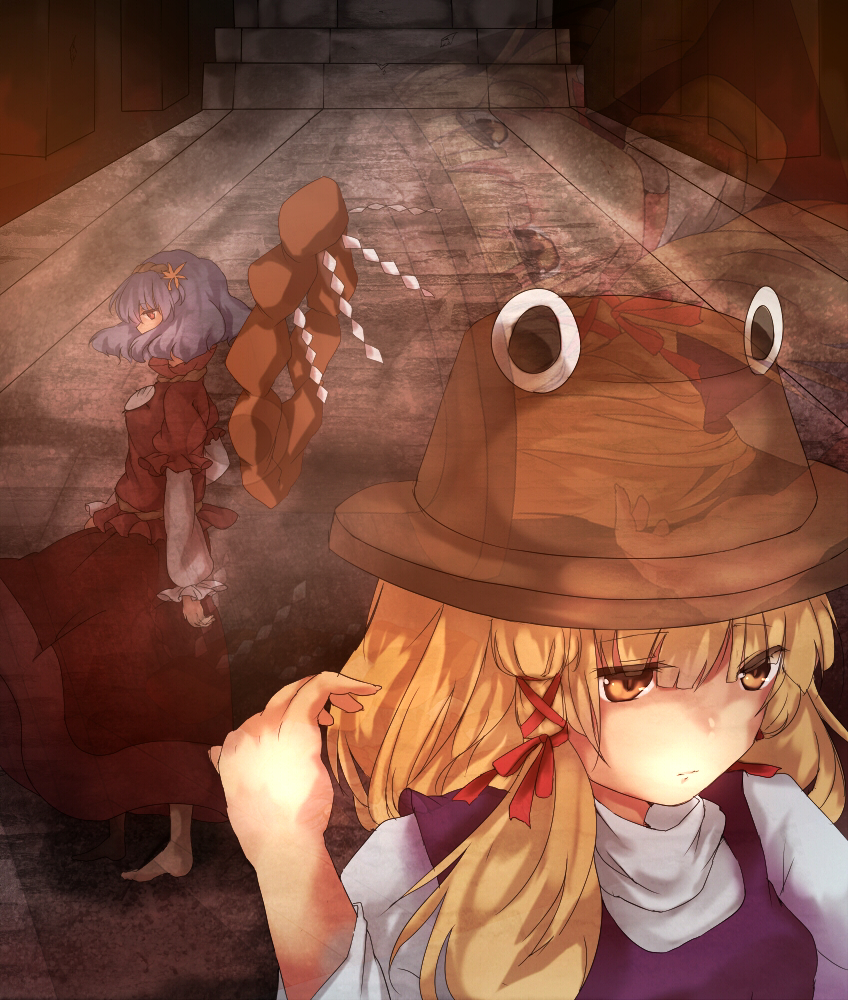 eiko (ykmykr), takonegi processor, moriya suwako, yasaka kanako, touhou, bad id, bad pixiv id, 2girls, female focus, multiple girls