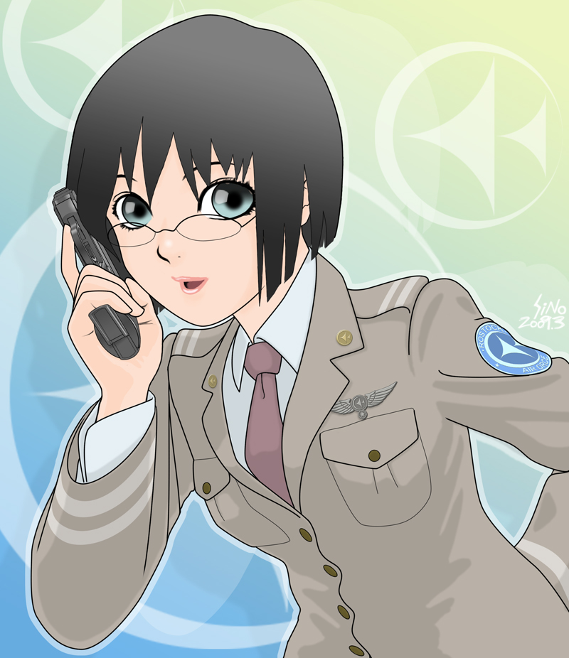 ppk, sino, sino (mechanized gallery), kusanagi suito, the sky crawlers, walther, 00s, 1girl, black hair, blue eyes, female focus, glasses, gun, handgun, lipstick, makeup, military, military uniform, necktie, pistol, pocket pistol, short hair, solo, walther ppk, weapon