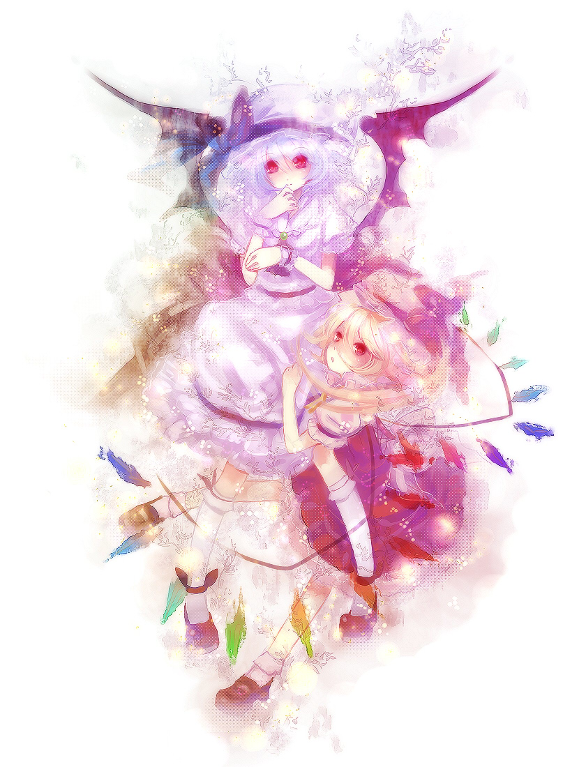 rori (artist), flandre scarlet, remilia scarlet, touhou, bad id, bad pixiv id, 2girls, collared shirt, female focus, frilled shirt, frills, hat, kneehighs, mob cap, multiple girls, shirt, siblings, sisters, socks, wings