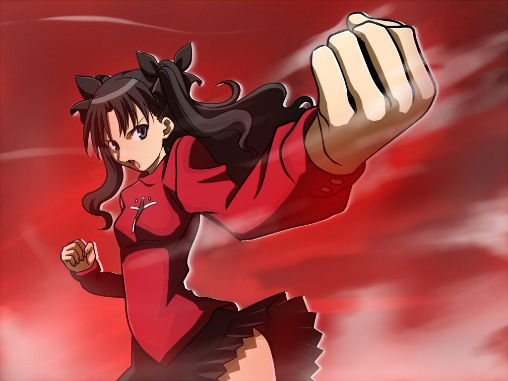 rona (pixiv 107164), tohsaka rin, fate/stay night, fate (series), 00s, 1girl, black hair, blue eyes, female focus, solo, twintails, two side up