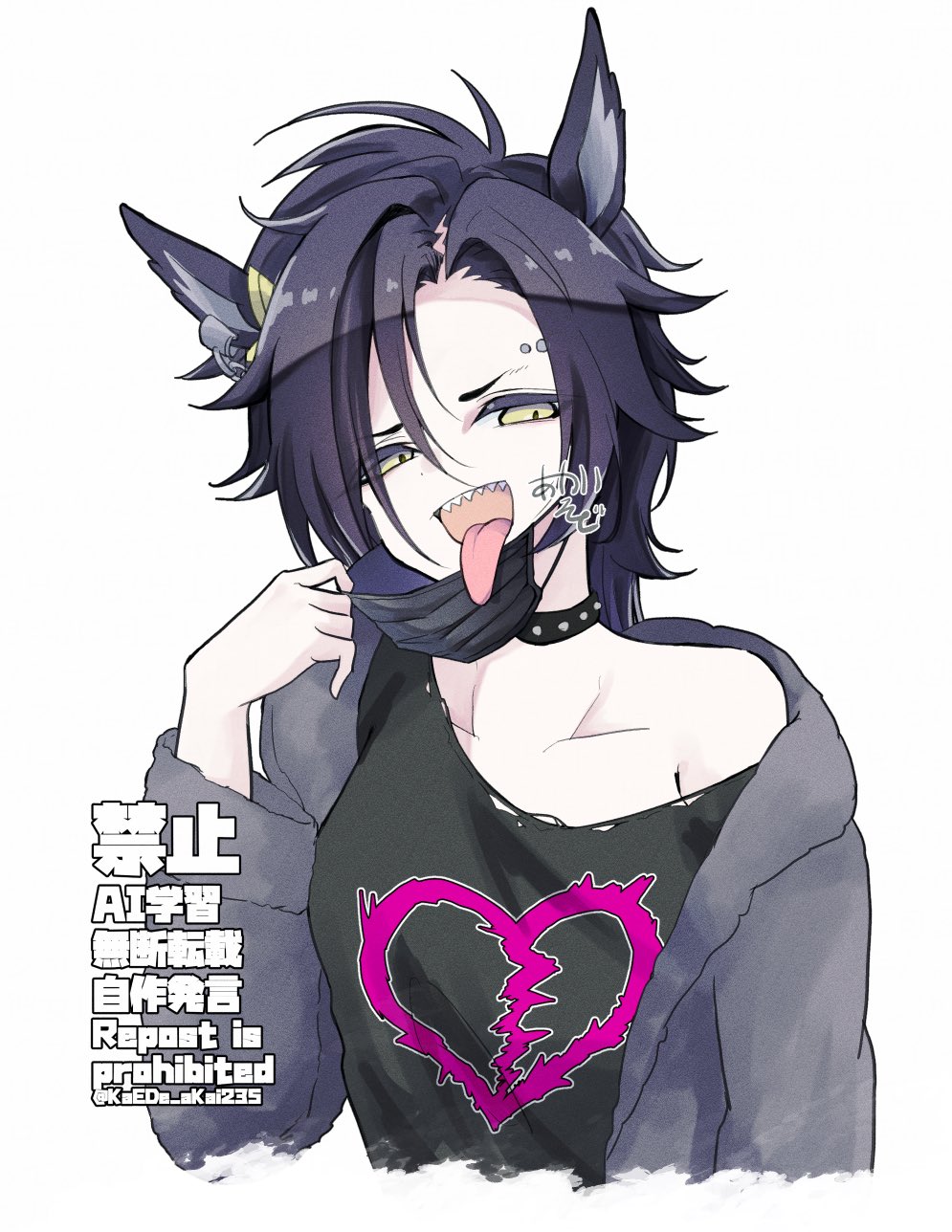 akaikaede, air shakur (umamusume), umamusume, tagme, 1girl, long tongue, piercing, sharp teeth, simple background, teeth, tongue, tongue out, white background