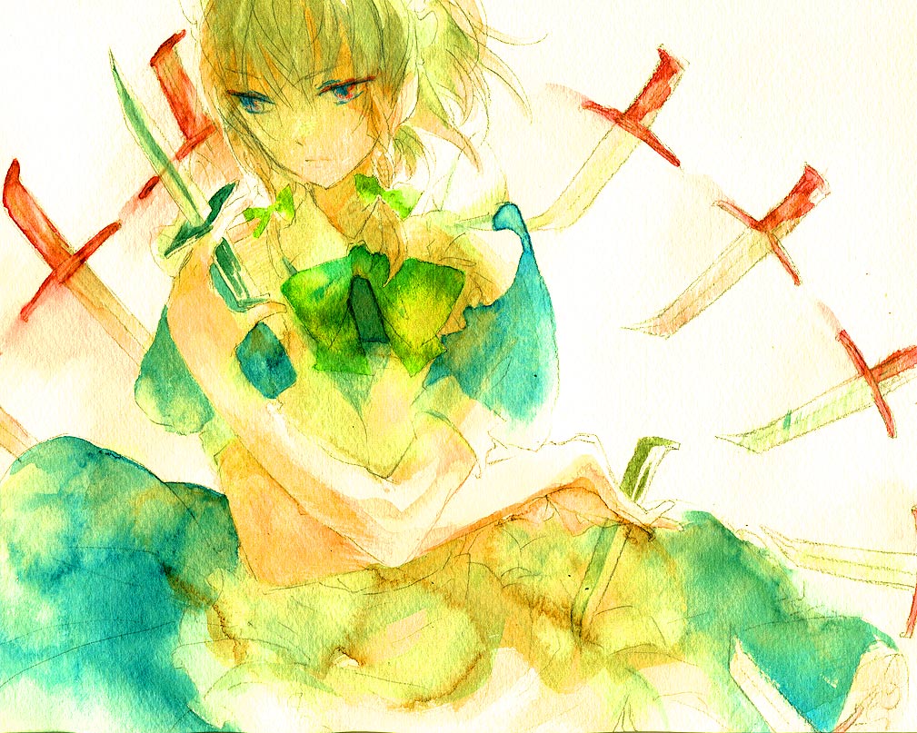 sugi, izayoi sakuya, touhou, silver hair, bad id, bad pixiv id, painting (medium), traditional media, watercolor (medium), 1girl, braid, female focus, gradient background, knife, maid, ribbon, solo, twin braids, white background