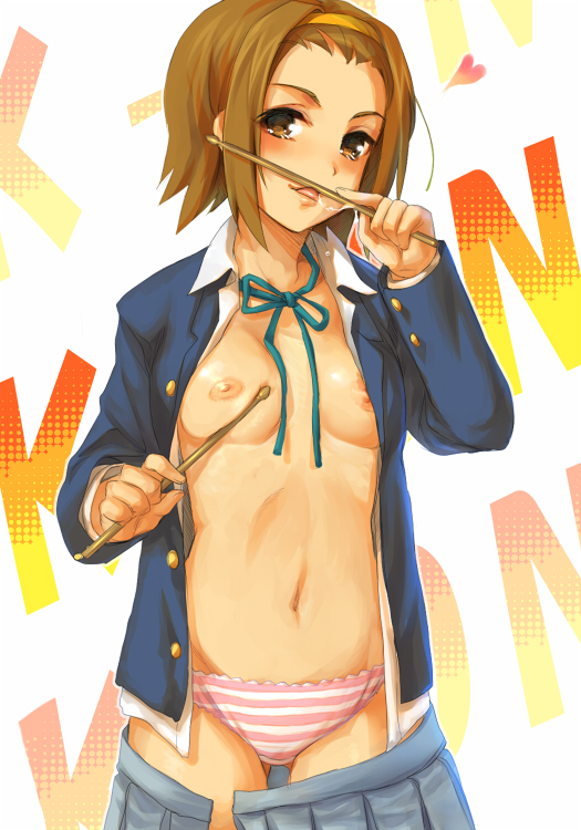 kiada, tainaka ritsu, k-on!, 00s, 1girl, blazer, breasts, brown eyes, brown hair, clothes pull, drumsticks, female focus, hairband, heart, jacket, lace, lace-trimmed panties, lace trim, licking, medium breasts, navel, nipples, no bra, open clothes, open shirt, panties, pink panties, pleated skirt, ribbon, saliva, school uniform, shirt, short hair, skirt, skirt pull, solo, standing, striped clothes, striped panties, thigh gap, thighs, tomboy, tongue, underwear, undressing