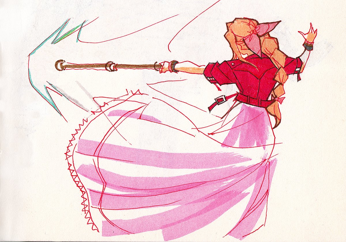 okha, aerith gainsborough, final fantasy, final fantasy vii, final fantasy vii remake, traditional media, bangle, bracelet, braid, braided ponytail, brown hair, cropped jacket, dress, facing away, fighting stance, hair ribbon, holding, holding staff, jacket, jewelry, long dress, long hair, outstretched arm, pink dress, pink ribbon, red jacket, ribbon, sidelocks, single braid, sketch, staff, white background