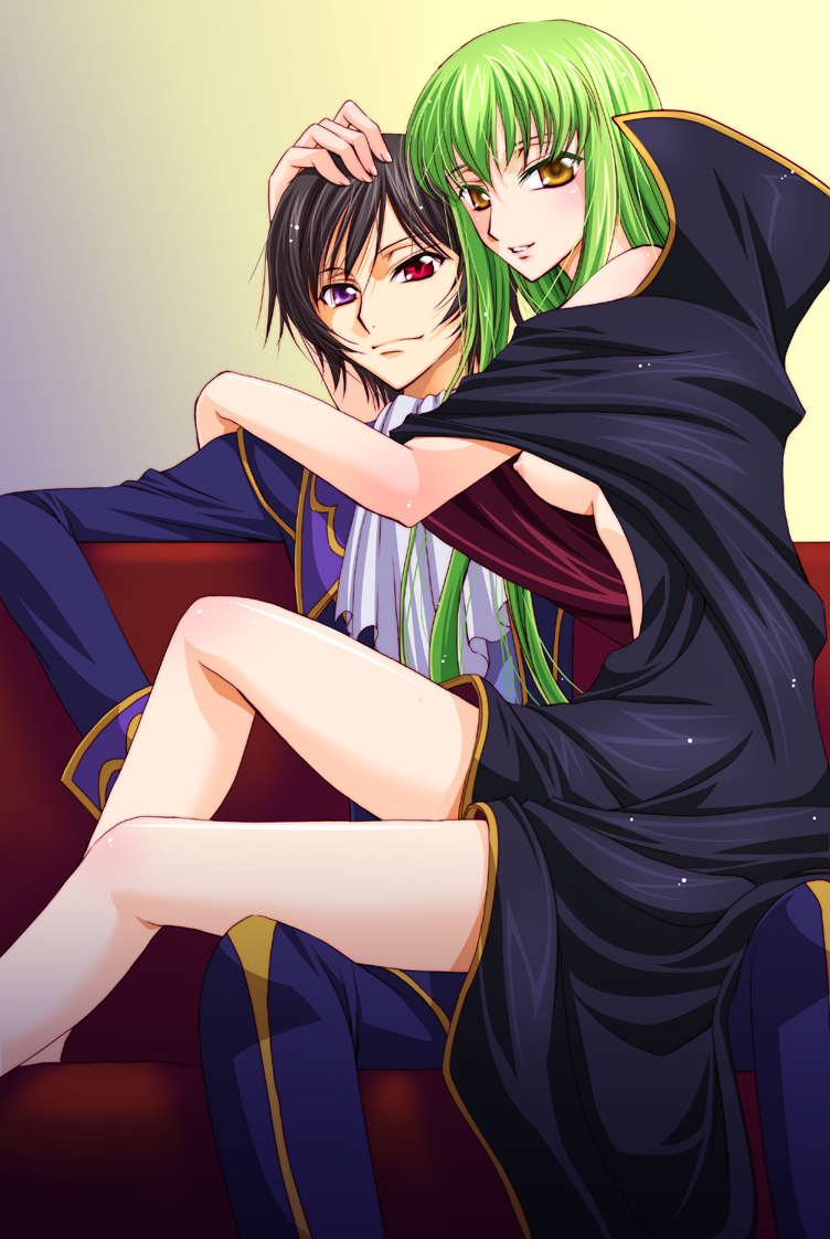 asano akira, c.c., lelouch vi britannia, zero (code geass), code geass, bad id, bad pixiv id, 1boy, 1girl, black hair, breasts, cape, clothed male nude female, cosplay, green hair, hetero, heterochromia, hug, medium breasts, naked cape, nipples, nude, sitting, yellow eyes, zero (code geass) (cosplay)