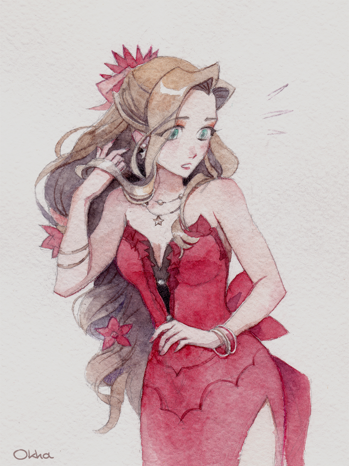 okha, aerith gainsborough, aerith gainsborough (red dress), final fantasy, final fantasy vii, final fantasy vii remake, highres, traditional media, 1girl, artist name, back bow, bare shoulders, bow, bracelet, breasts, brown hair, cleavage, cowboy shot, dress, earrings, flamenco dress, flower, green eyes, hair flower, hair ornament, hair ribbon, hand in own hair, jewelry, long dress, long hair, medium breasts, multiple necklaces, necklace, official alternate costume, parted bangs, parted lips, ponytail, red dress, red flower, red ribbon, ribbon, side slit, solo, star (symbol), star earrings, star necklace, strapless, strapless dress