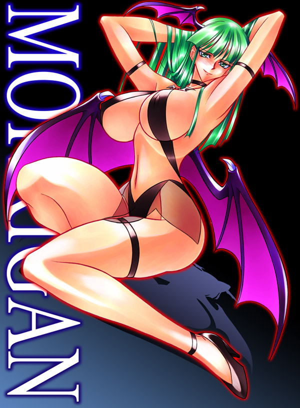 hamon ai, morrigan aensland, capcom, darkstalkers, 1girl, armpits, arms up, bat wings, blunt bangs, blush, breasts, choker, demon girl, dutch angle, female focus, green eyes, green hair, head wings, high heels, large breasts, legs, long hair, long legs, looking at viewer, matching hair/eyes, sideboob, sitting, smile, solo, thighs, underboob, wings, yokozuwari
