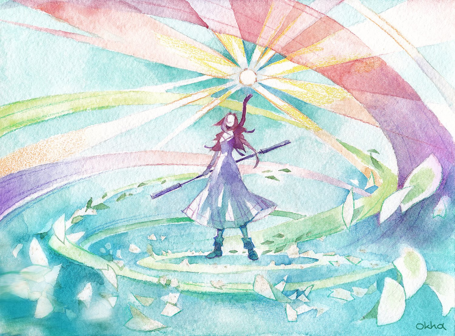 okha, aerith gainsborough, final fantasy, final fantasy vii, final fantasy vii remake, traditional media, 1girl, artist name, boots, braid, braided ponytail, breasts, brown hair, cropped jacket, dress, falling petals, fighting stance, full body, hair ribbon, hand up, holding, holding staff, jacket, long dress, long hair, magic, medium breasts, parted bangs, petals, pink dress, red jacket, ribbon, single braid, solo, staff, standing