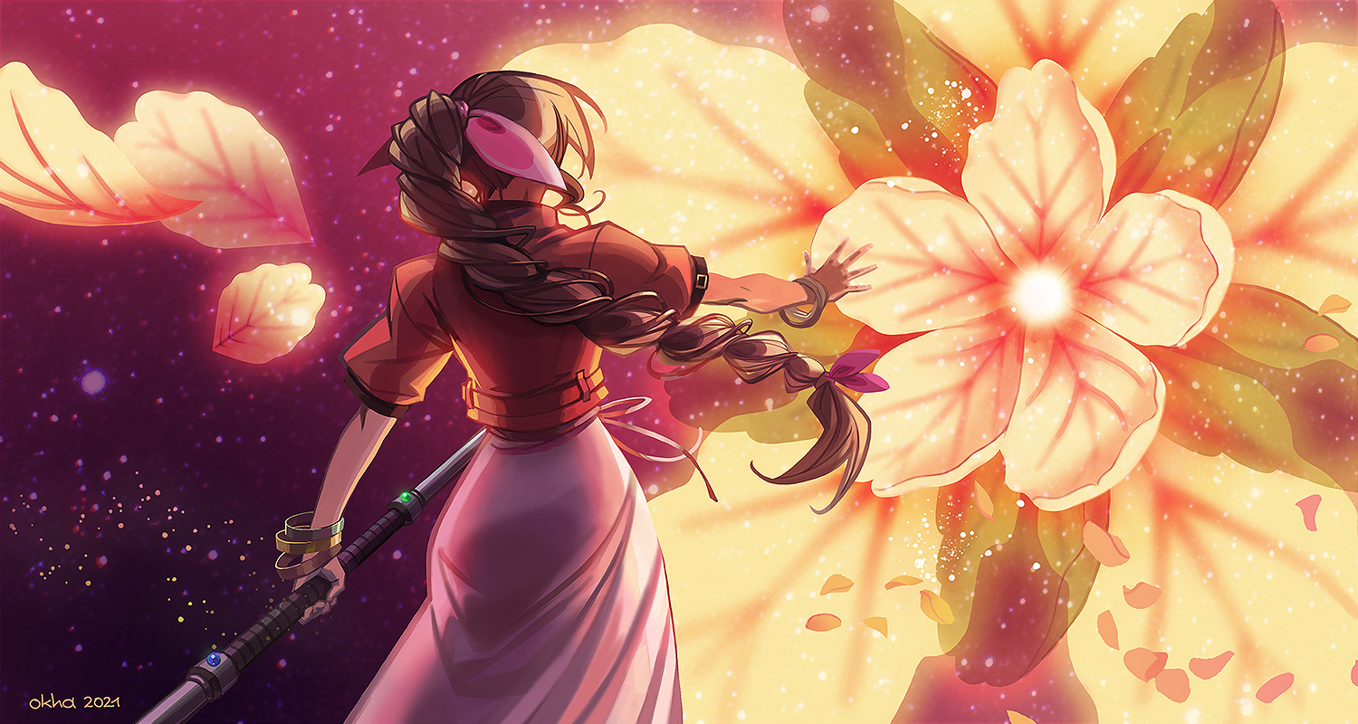 okha, aerith gainsborough, final fantasy, final fantasy vii, final fantasy vii rebirth, final fantasy vii remake, 1girl, 2024, artist name, bangle, bracelet, braid, braided ponytail, brown hair, cowboy shot, cropped jacket, dress, facing away, falling petals, fighting stance, flower, from behind, hair ribbon, holding, holding staff, jacket, jewelry, long dress, long hair, outstretched hand, petals, pink dress, pink ribbon, red jacket, ribbon, short sleeves, sidelocks, single braid, solo, staff