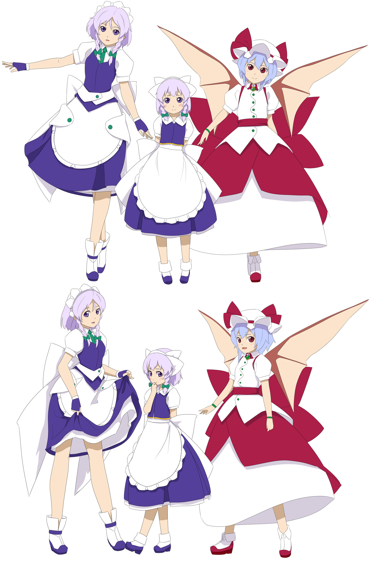gustav (telomere na), izayoi sakuya, remilia scarlet, touhou, silver hair, highres, 2girls, aged down, alternate costume, blue eyes, blue hair, braid, female focus, hat, multiple girls, red eyes, reference sheet, ribbon, short hair, twin braids, wings