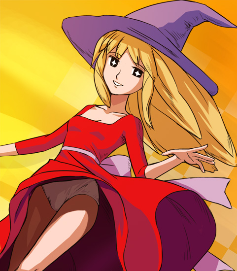 haruyama kazunori, witch (manga sekai mukashi banashi), manga sekai mukashi banashi, sekai mukashi banashi, + +, blonde hair, hat, panties, pantyshot, solo, underwear, upskirt, white panties, wind, wind lift, witch, witch hat