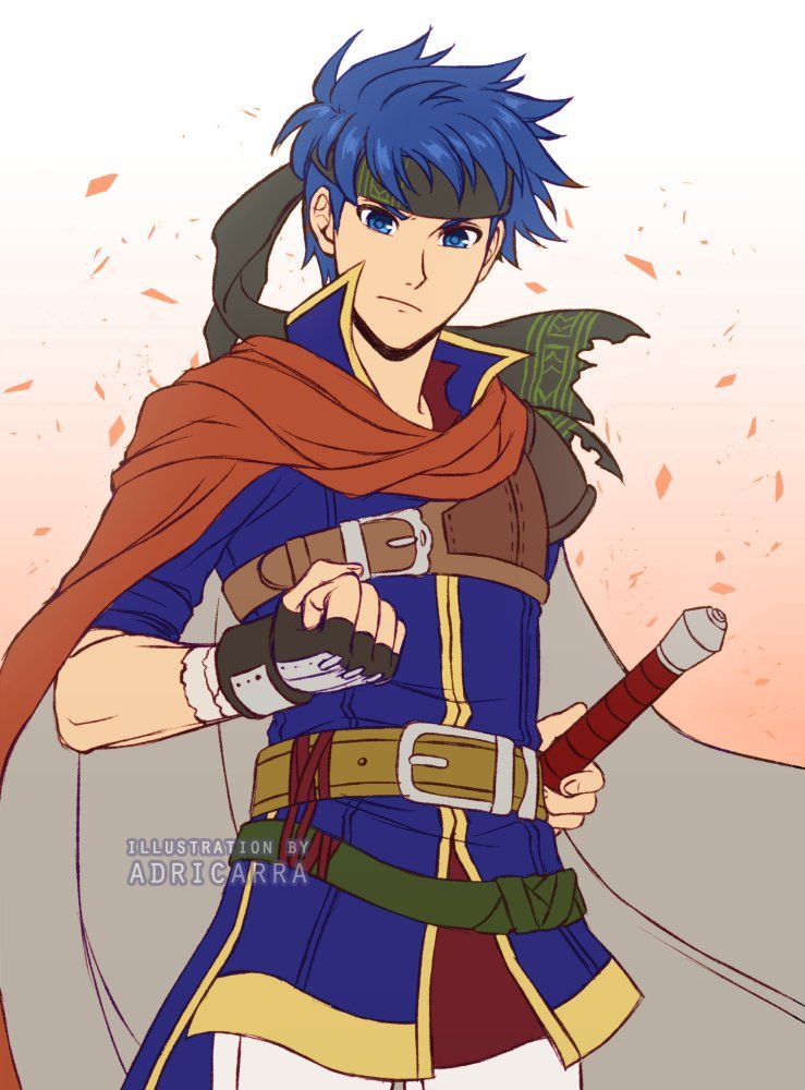 adricarra, ike (fire emblem), fire emblem, fire emblem: path of radiance, nintendo, 1boy, blue eyes, blue hair, blue tunic, brown gloves, closed mouth, fingerless gloves, gloves, gold trim, green headband, headband, looking at viewer, popped collar, tunic