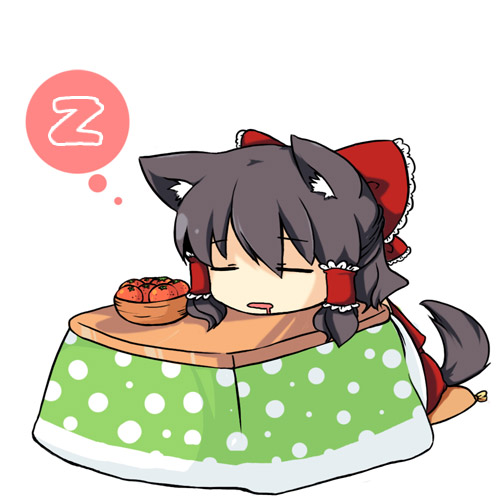 ryu (pixiv), hakurei reimu, touhou, lowres, 1girl, animal ears, chibi, female focus, food, fruit, kemonomimi mode, kotatsu, mandarin orange, simple background, sitting, sleeping, solo, table, tail, white background