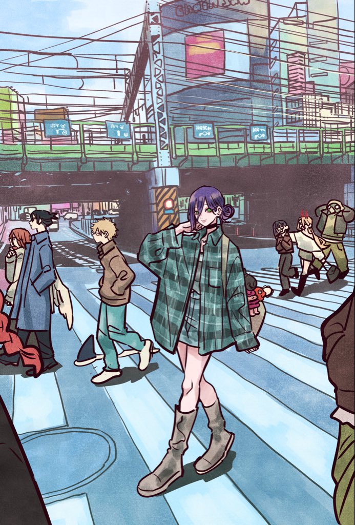 takeuchi ryousuke, angel devil (chainsaw man), beam (chainsaw man), denji (chainsaw man), hayakawa aki, higashiyama kobeni, makima (chainsaw man), pochita (chainsaw man), power (chainsaw man), reze (chainsaw man), violence fiend (chainsaw man), chainsaw man, 4boys, 4girls, angel wings, arms behind head, bag, black boots, black choker, black hair, black pants, blonde hair, blue coat, blue hair, blue pants, boots, braid, brown coat, brown hair, character charm, charm (object), choker, city, coat, crosswalk, full body, green eyes, green shirt, grey boots, hair between eyes, hair bun, hands in pockets, holding, holding bag, horns, light smile, long coat, long hair, multiple boys, multiple girls, pants, plaid clothes, plaid shirt, ponytail, red hair, shark, shark boy, shark fin, shirt, shoes, short hair, short ponytail, shoulder bag, single braid, updo, walking, white shoes, wings