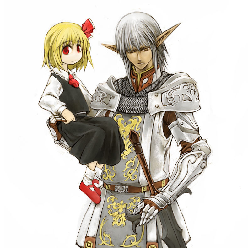 cervus, buront, elvaan, paladin (final fantasy), rumia, embodiment of scarlet devil, final fantasy, final fantasy xi, the iron of yin and yang, touhou, 00s, 1boy, 1girl, blonde hair, crossover, elf, hair ribbon, paladin, pointy ears, red eyes, ribbon, short hair, simple background
