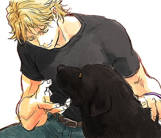 keith goodman, tiger & bunny, commentary request, 1boy, animal, belt, belt buckle, black dog, black shirt, blonde hair, blue pants, brown belt, buckle, closed eyes, closed mouth, denim, dog, fingernails, jeans, male focus, mimimyy, pants, shirt, shirt tucked in, short sleeves, simple background, smile, solo, t-shirt, white background, yellow eyes