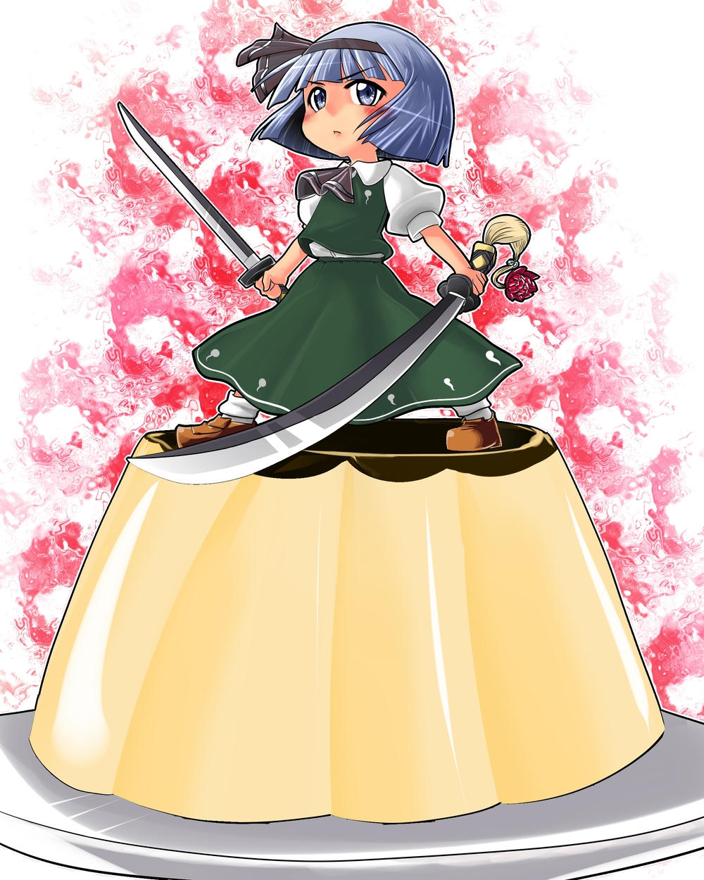 kato (artist), kato (mogumoguokome), konpaku youmu, touhou, silver hair, highres, 1girl, blue eyes, dual wielding, female focus, food, hairband, holding, katana, mini person, minigirl, pudding, short hair, solo, sword, weapon