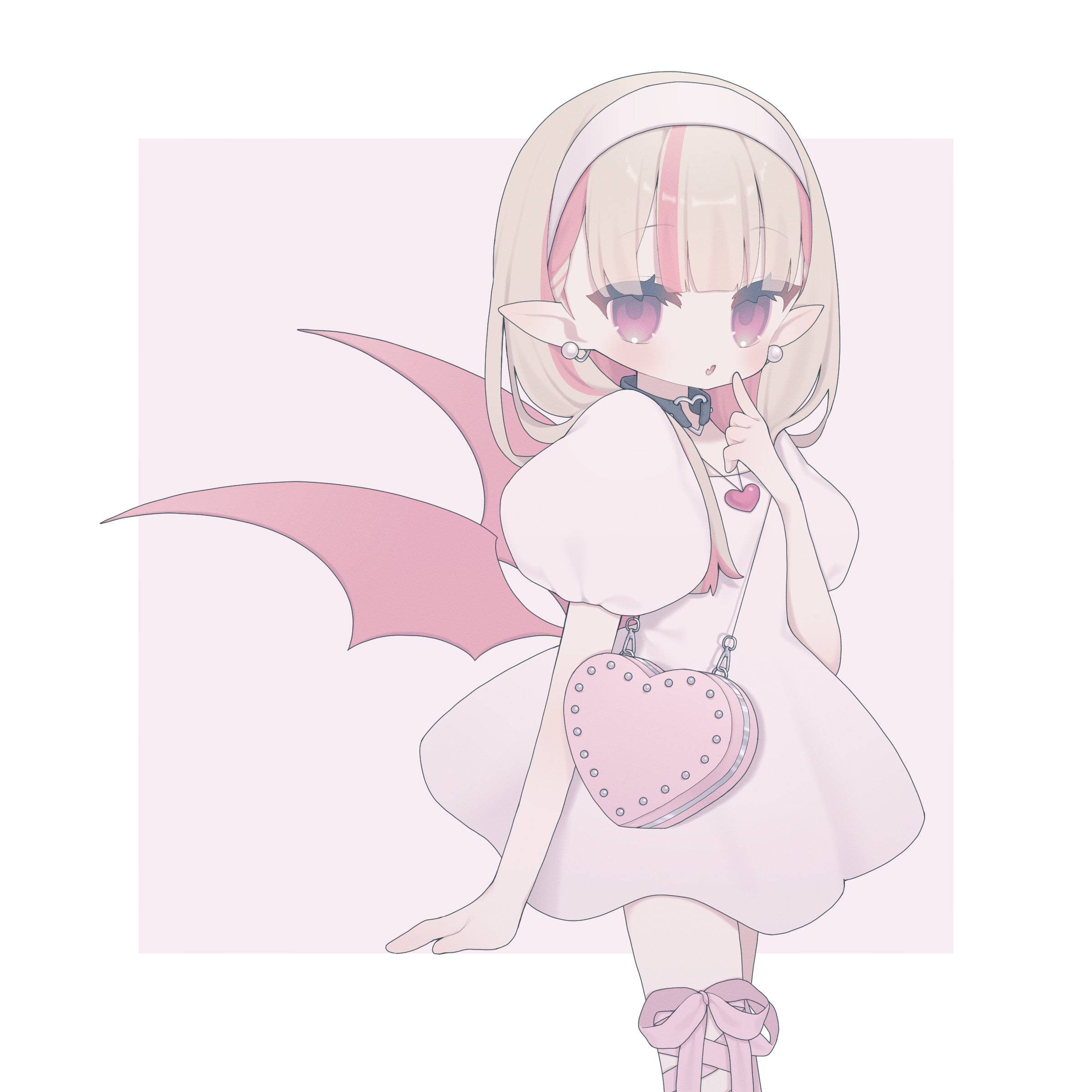 kuma kubo3, makaino ririmu, nijisanji, absurdres, highres, 1girl, bag, black choker, blush, border, center-flap bangs, choker, collarbone, colored inner hair, cowboy shot, demon wings, dress, earrings, fang, finger to mouth, from side, grey hair, hair behind ear, hair over shoulder, hairband, heart, heart-shaped bag, heart necklace, heart o-ring, heart ring choker, jewelry, leg bow, leg ribbon, long hair, looking at viewer, multicolored hair, necklace, o-ring, o-ring choker, official alternate costume, official alternate hairstyle, outside border, parted lips, pink background, pink bag, pink hair, pink ribbon, pink streaks, pink theme, pointy ears, puffy short sleeves, puffy sleeves, red eyes, red wings, ribbon, short dress, short sleeves, shoulder bag, skin fang, solo, streaked hair, stud earrings, two-tone hair, virtual youtuber, white border, white dress, white hairband, wings