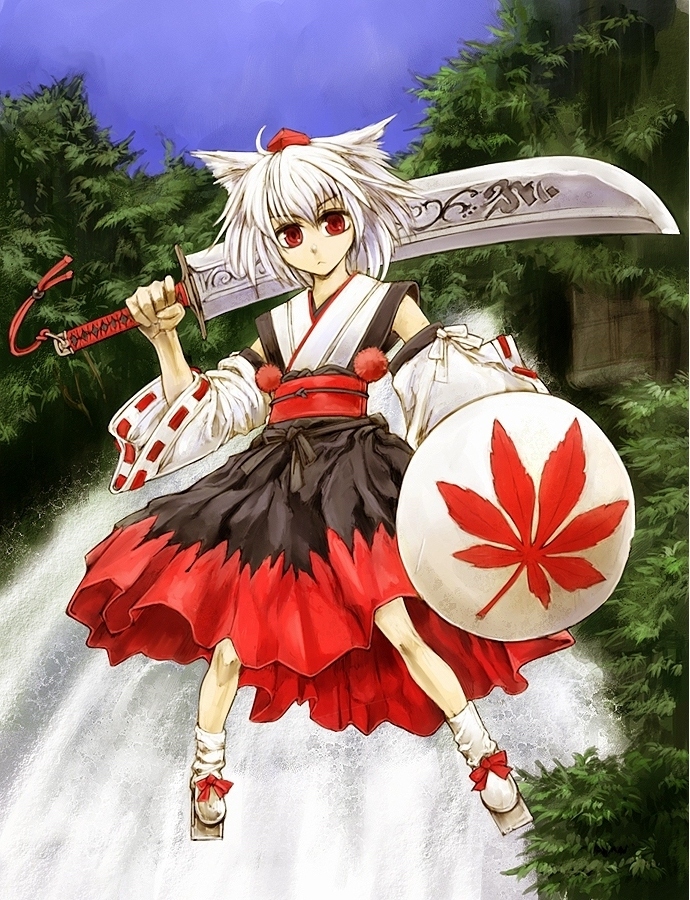 cervus, inubashiri momiji, touhou, bad id, bad pixiv id, 1girl, adapted costume, alternate weapon, animal ears, detached sleeves, female focus, geta, hat, red eyes, shield, solo, sword, tengu-geta, tokin hat, water, waterfall, weapon, white hair, wolf ears