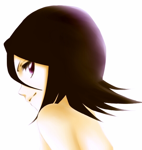 tsukimori usako, kuchiki rukia, bleach, bad id, bad pixiv id, 00s, 1girl, black hair, female focus, looking back, profile, simple background, solo, topless female