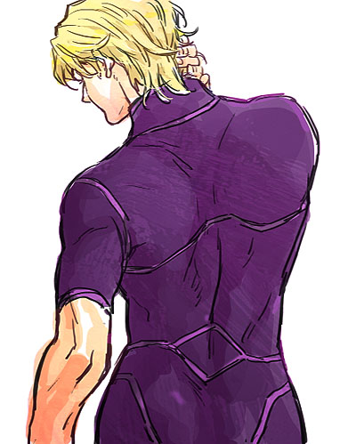 keith goodman, tiger & bunny, commentary request, lowres, 1boy, blonde hair, bodysuit, cowboy shot, hair behind ear, hand on own neck, male focus, mimimyy, purple bodysuit, short hair, simple background, solo, white background