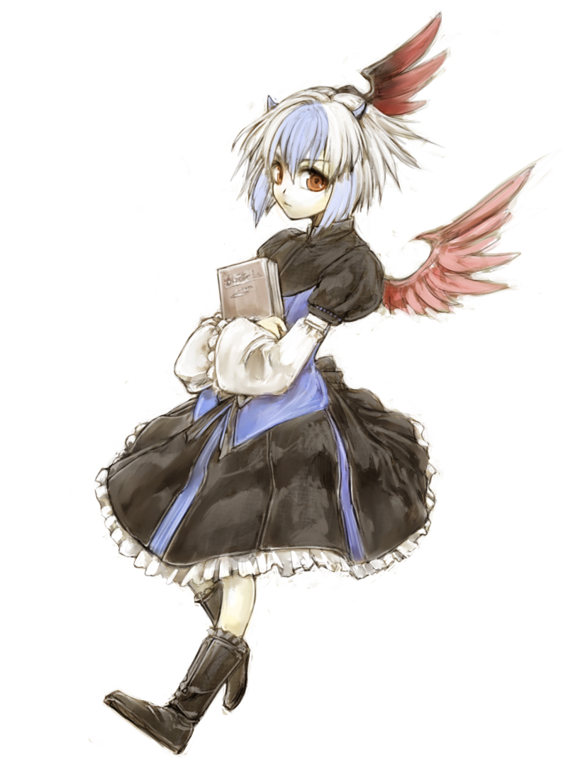 cervus, tokiko (touhou), curiosities of lotus asia, touhou, bad id, bad pixiv id, 1girl, book, female focus, full body, head wings, multicolored hair, short hair, simple background, solo, white background, wings