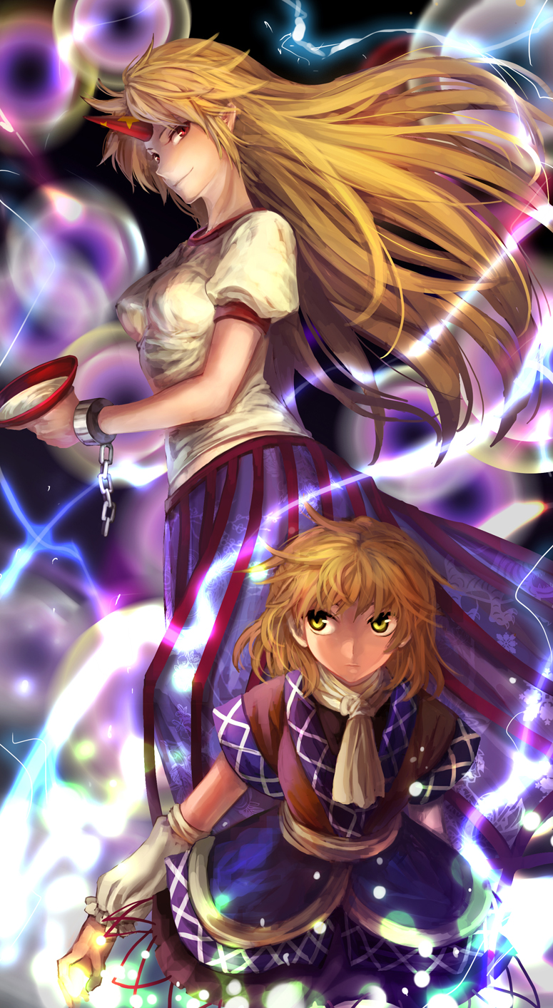 irua, hoshiguma yuugi, mizuhashi parsee, touhou, bad id, bad pixiv id, highres, 2girls, arm warmers, blonde hair, cup, female focus, horns, long hair, multiple girls, red eyes, sakazuki, scarf, short hair, single horn, yellow eyes