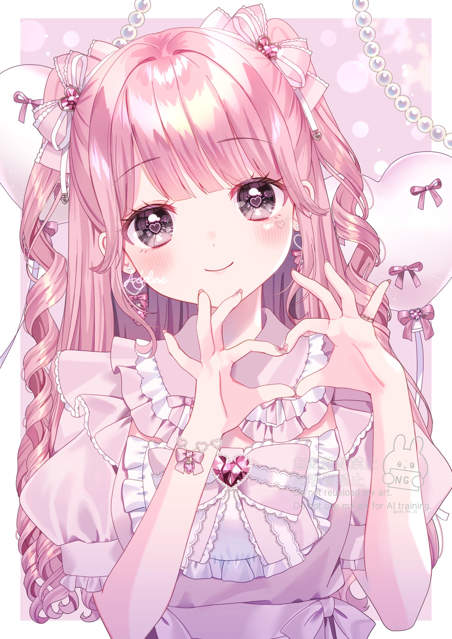 azarashi6, original, commentary, highres, symbol-only commentary, 1girl, balloon, blush, bow, brown hair, closed mouth, curly hair, earrings, four-finger heart hands, frilled shirt collar, frills, hair between eyes, hair bow, head tilt, heart, heart balloon, heart hands, jewelry, jirai kei, long hair, looking at viewer, pink bow, pink hair, pink shirt, puffy short sleeves, puffy sleeves, shirt, short sleeves, smile, solo, two side up, upper body