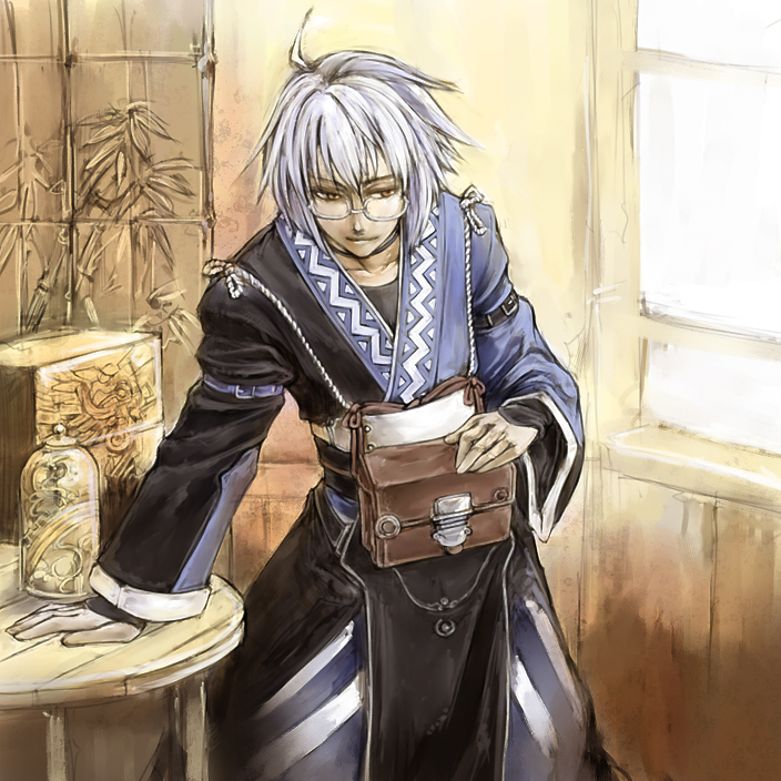 cervus, morichika rinnosuke, curiosities of lotus asia, touhou, silver hair, 1boy, glasses, male focus, short hair, solo