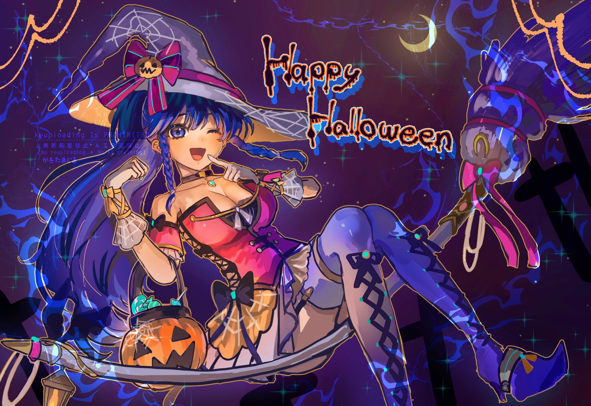 iipzeyjhms0dohl, tana (fire emblem), fire emblem, nintendo, highres, 1girl, boots, breasts, broom, broom riding, cleavage, halloween, halloween costume, happy halloween, hat, jack-o'-lantern, large breasts, looking at viewer, thigh boots, witch, witch hat