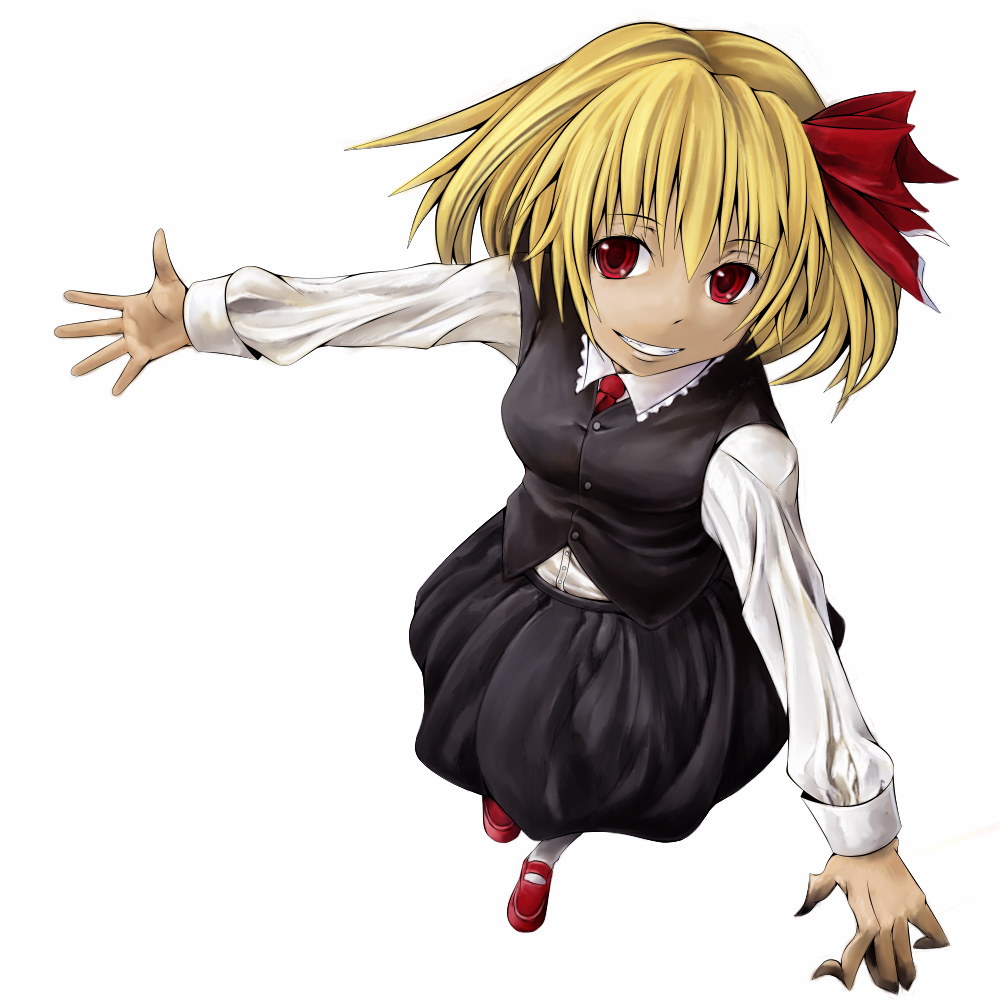 cervus, rumia, embodiment of scarlet devil, touhou, bad id, bad pixiv id, 1girl, blonde hair, female focus, from above, full body, grin, hair ribbon, red eyes, ribbon, simple background, smile, solo, standing, white background