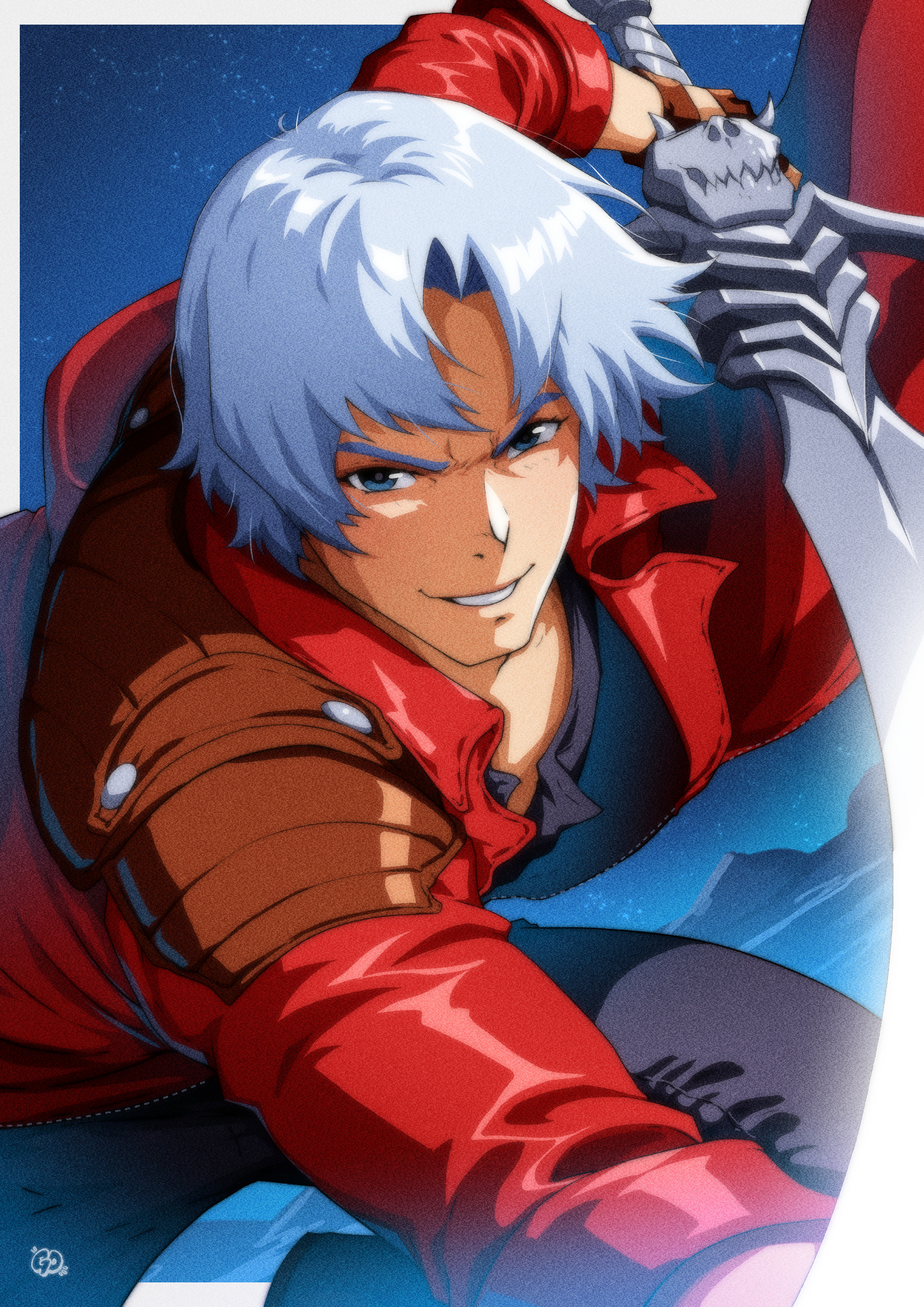 gravydood, dante (devil may cry), devil may cry (netflix), devil may cry (series), absurdres, highres, 1boy, armor, black gloves, black pants, blue eyes, border, fighting stance, fingerless gloves, furrowed brow, gloves, holding, holding sword, holding weapon, jacket, looking at viewer, male focus, pants, parted bangs, parted lips, red jacket, short hair, shoulder armor, smile, solo, sword, weapon, white border, white hair