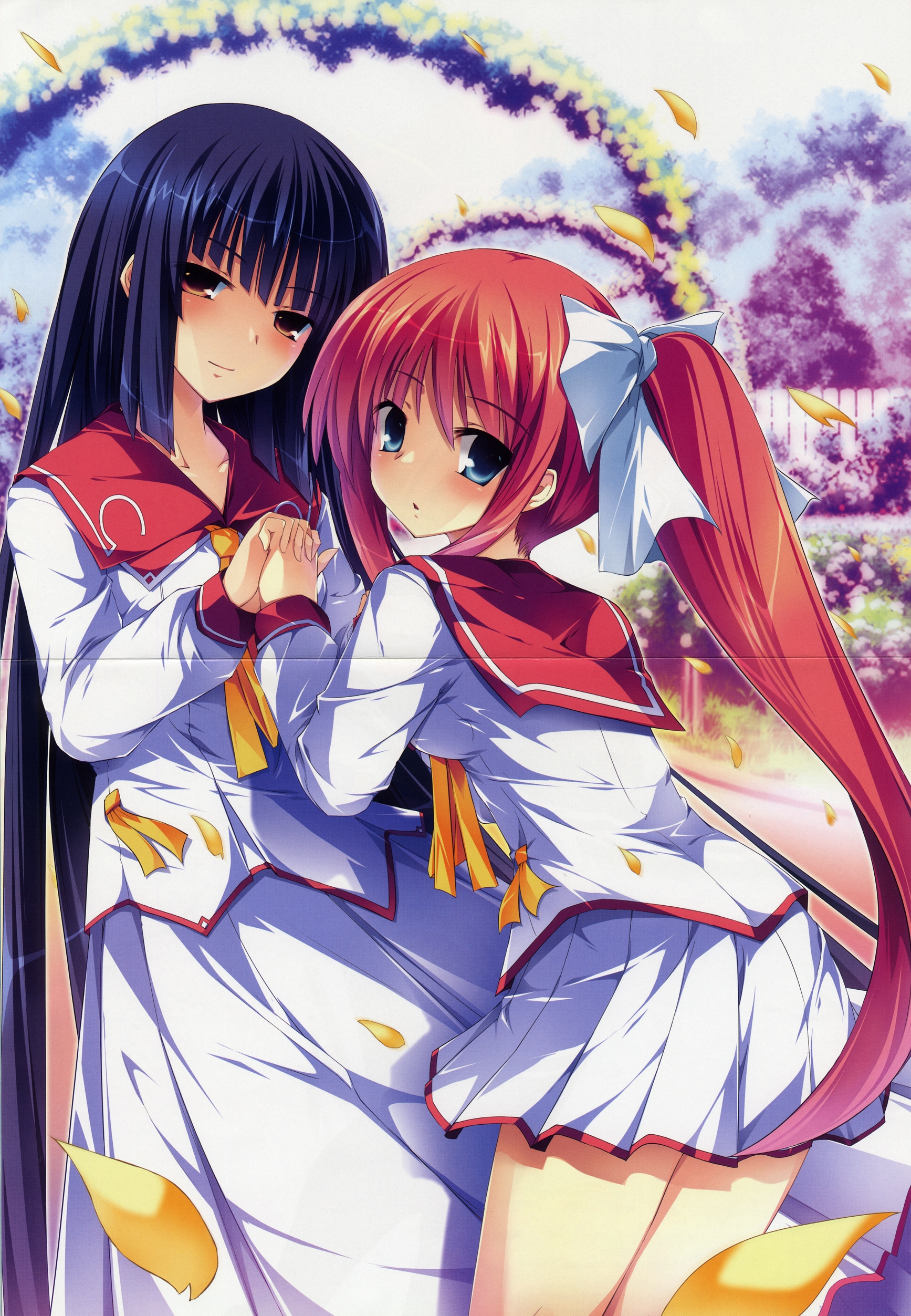 mutou kurehito, mutou kurihito, houshou seika, nagishiro miyako, hana to otome ni shukufuku wo, absurdres, highres, 2girls, blue hair, multiple girls, red hair, school uniform, twintails