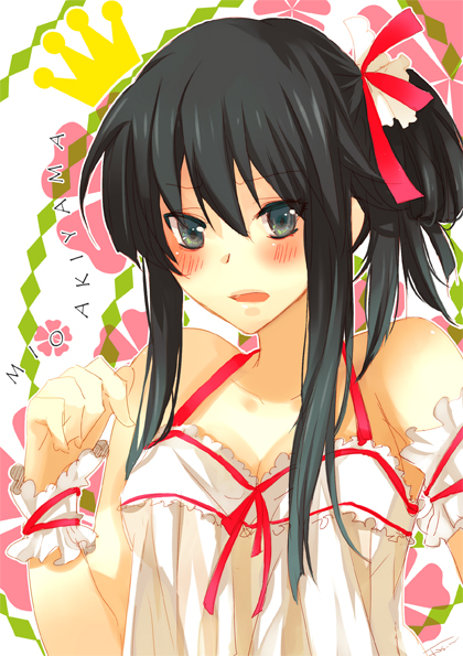 fox.cc, foxcc, akiyama mio, k-on!, bad id, bad pixiv id, 00s, 1girl, alternate hairstyle, black hair, blonde hair, blush, breasts, cleavage, female focus, green eyes, hair ribbon, ribbon, solo
