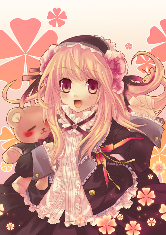 fox.cc, foxcc, original, bad id, bad pixiv id, 1girl, blonde hair, dress, female focus, headdress, long hair, red eyes, ribbon, skirt, solo, stuffed animal, stuffed toy, teddy bear