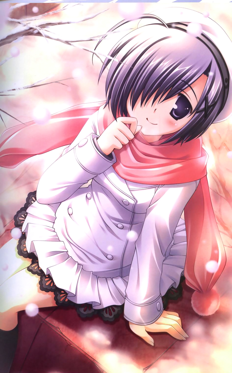 yamashina miyako, oretachi ni tsubasa wa nai, highres, 1girl, ahoge, blush, female focus, hair over one eye, hat, purple eyes, purple hair, scarf, short hair, sitting, smile, snow, solo