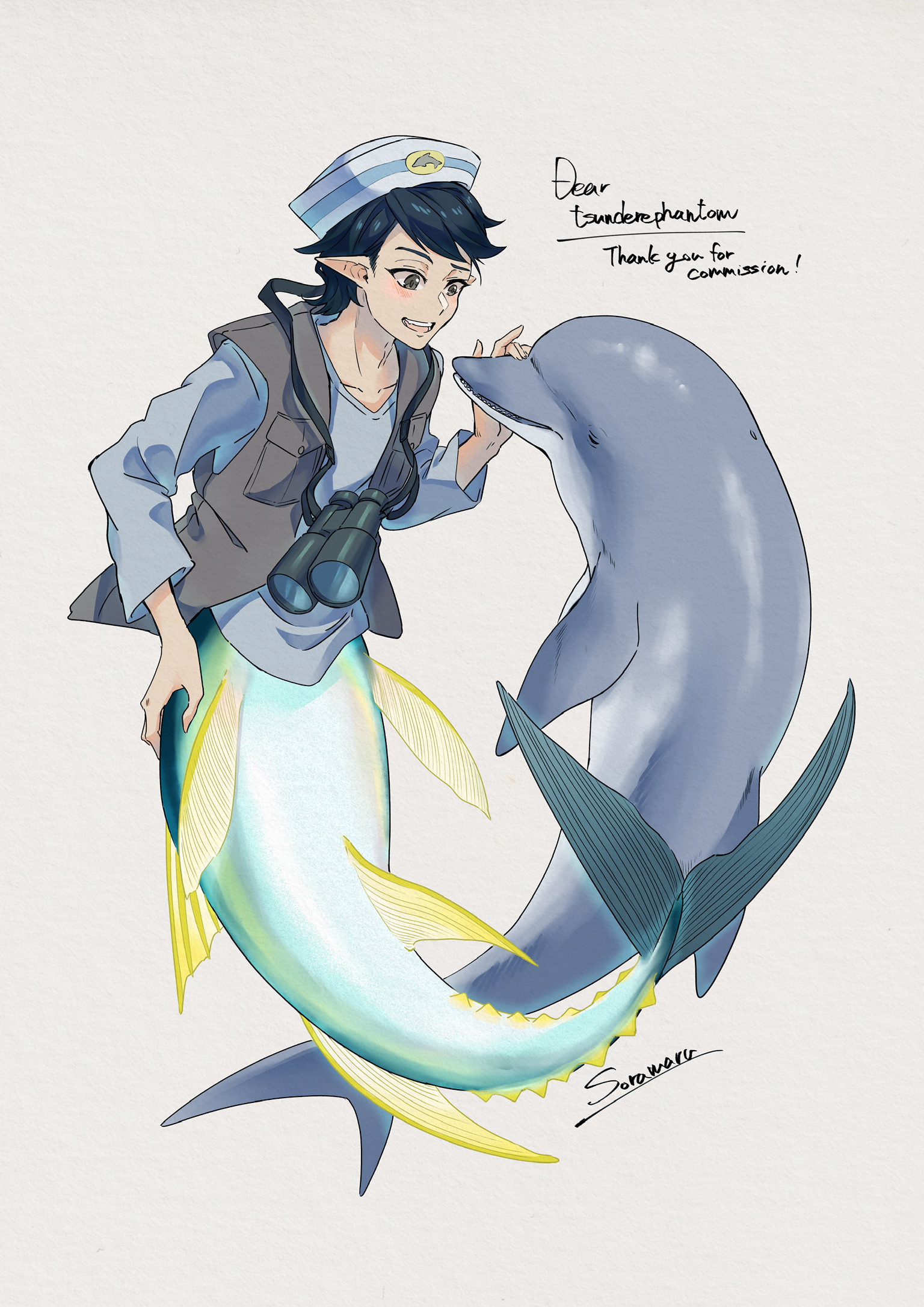 soramaru ell, original, bad link, commentary request, commission, highres, skeb commission, 1boy, binoculars, black hair, blush, breast pocket, brown eyes, collarbone, dolphin, english text, fins, hand on own tail, hat, jewelry, long sleeves, looking at another, monster boy, necklace, paper texture, petting, pocket, pointy ears, sailor hat, shirt, signature, smile, vest, watermark