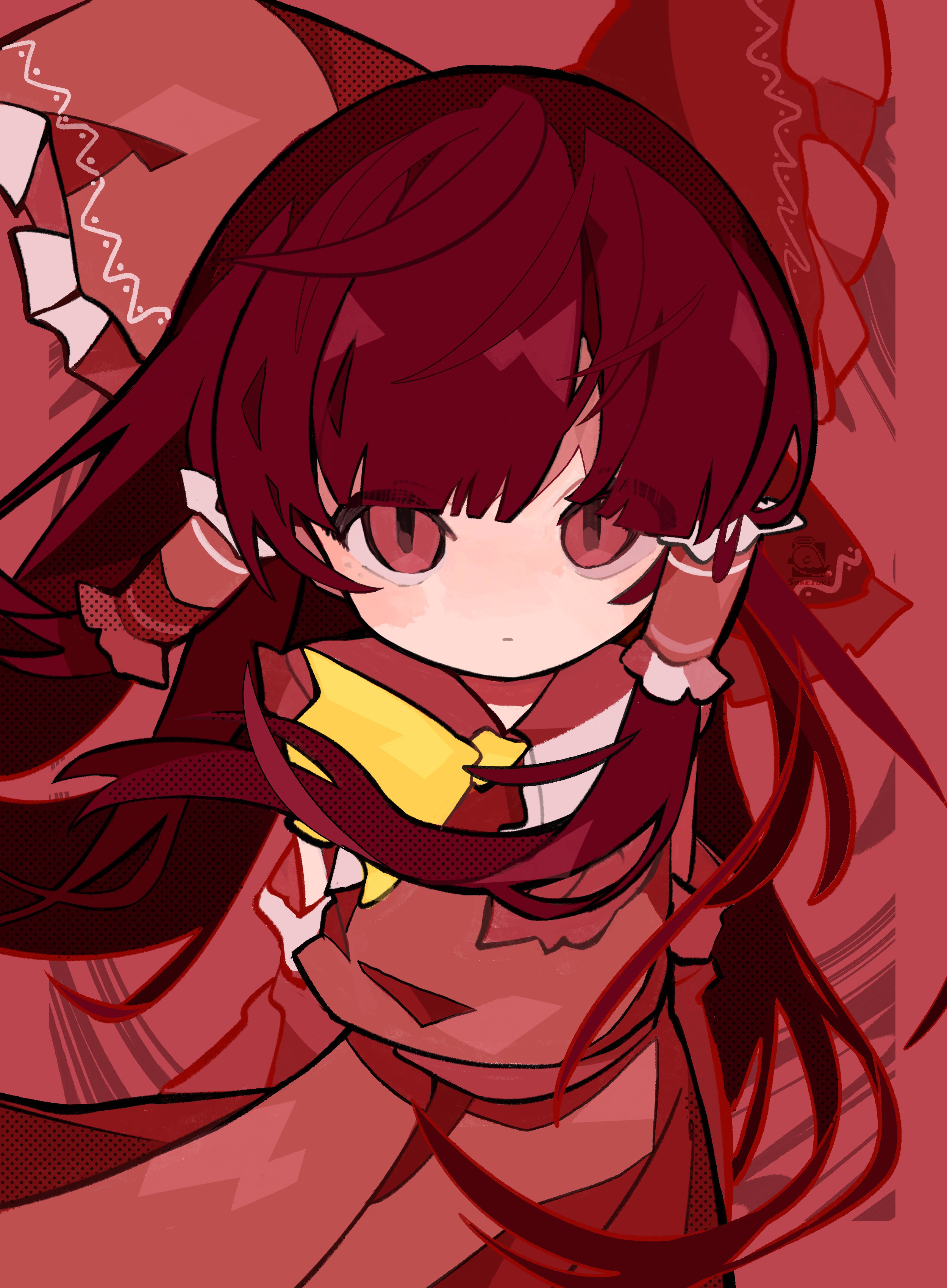 soresaki, hakurei reimu, touhou, absurdres, highres, 1girl, ascot, bow, hair bow, hair tubes, long hair, looking at viewer, red theme, solo, upper body, yellow ascot