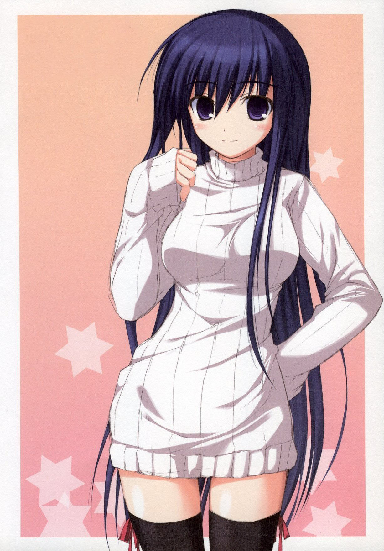 yuuki makoto (radiant), kusakabe yuuki (to heart 2), original, to heart (series), to heart 2, highres, non-web source, 00s, 1girl, black thighhighs, blue hair, blush, breasts, dress, female focus, hand on own hip, hexagram, hip focus, long hair, oversized clothes, purple eyes, ribbed turtleneck sweater, ribbon, solo, sweater, sweater dress, thighhighs, turtleneck, very long hair, zettai ryouiki