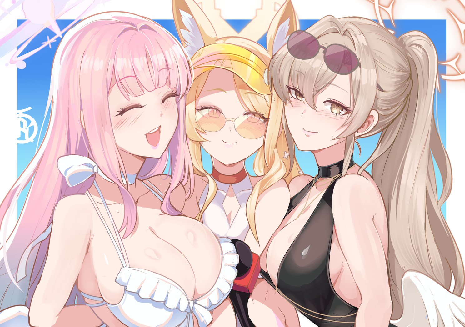 revolverwing, mika (blue archive), mika (swimsuit) (blue archive), nagisa (blue archive), nagisa (swimsuit) (blue archive), seia (blue archive), seia (swimsuit) (blue archive), blue archive, 3girls, above-cleavage cutout, angel wings, animal ears, aviator sunglasses, bikini, black one-piece swimsuit, blonde hair, blush, breasts, brown-tinted eyewear, cleavage, closed eyes, clothing cutout, diamond cutout, feathered wings, fox ears, fox girl, frilled bikini, frills, halo, halterneck, jacket, large breasts, long hair, looking at viewer, microphone, multiple girls, official alternate costume, official alternate hairstyle, one-piece swimsuit, orange-tinted eyewear, pink hair, pink halo, ponytail, sunglasses, swimsuit, tea party (blue archive), tinted eyewear, visor cap, white bikini, white one-piece swimsuit, white wings, wings, yellow halo, yellow jacket, yellow visor