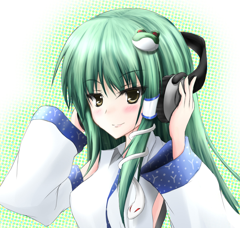 atsuagi, kochiya sanae, touhou, 1girl, female focus, frog, green hair, hair ornament, headphones, snake, solo, upper body