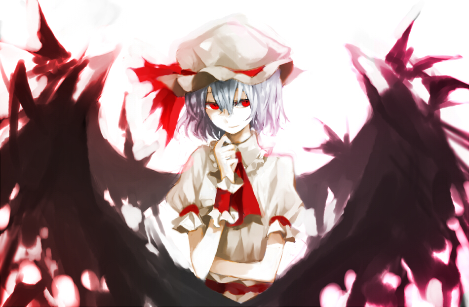 shion (mamuring), shionty, remilia scarlet, touhou, bad id, bad pixiv id, 1girl, blue hair, female focus, hat, red eyes, short hair, smile, solo, wings