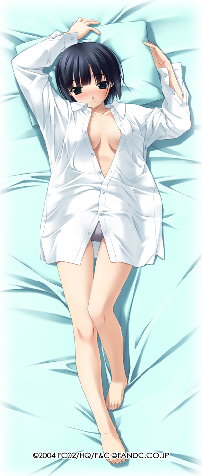 hashimoto takashi, ichinose mio, white breath, 1girl, barefoot, black hair, dakimakura (medium), feet, female focus, full body, long legs, open clothes, open shirt, oversized clothes, pillow, shirt, solo